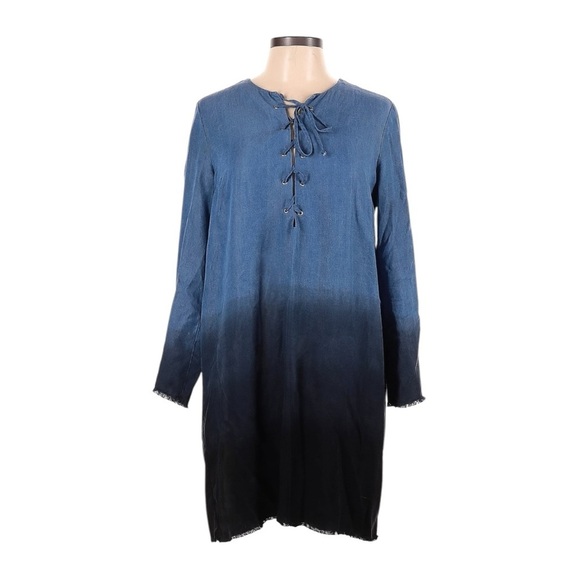 Fifteen Twenty Shift Dress Size M Blue Loose Fit Chambray Dip Dye Lace Up Chest - Picture 1 of 8